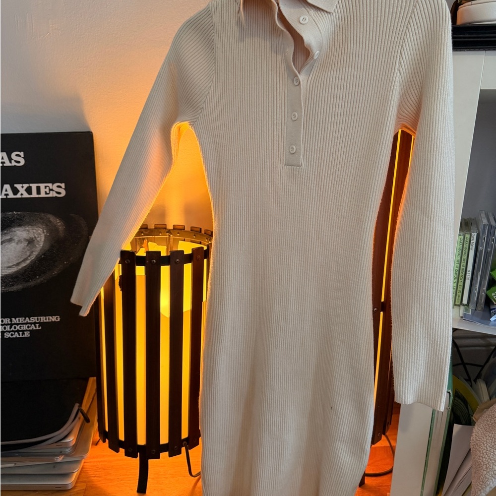 Elegant Bodycon Cream Ribbed Knit Dress Long sleeve button up